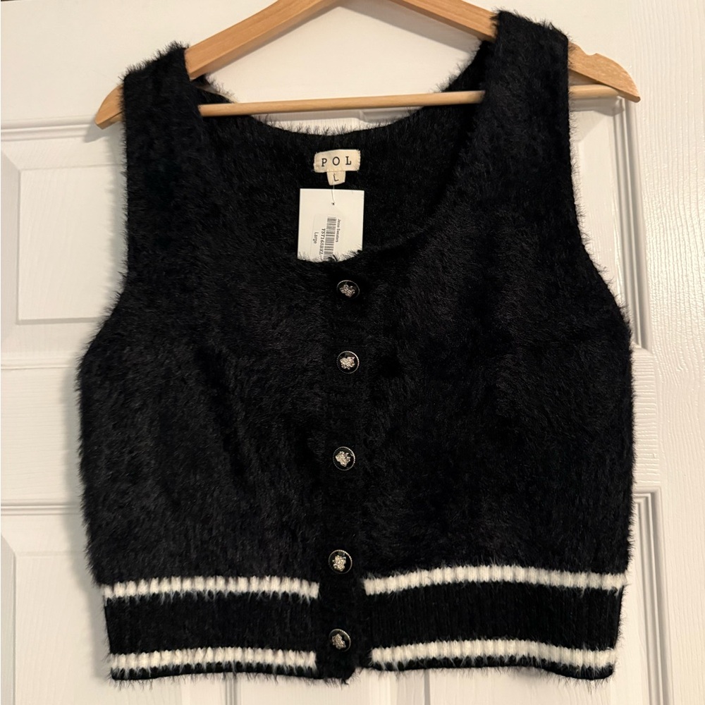 POL Black Fuzzy Cropped Button Vest with White Trim